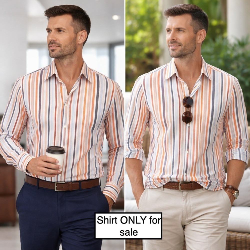 LINEA DOME Mens XL Orange‎ Black Blue Stripe Button Down Shirt 100% Cotton